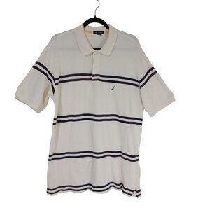 Nautica Polo Shirt Mens XL White With Brown Stripes 100% Cotton Short Sleeve